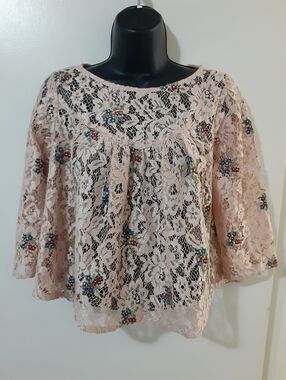 Zara Apricot Lace Boho Crop Top with Colorful Floral Embroidery - S